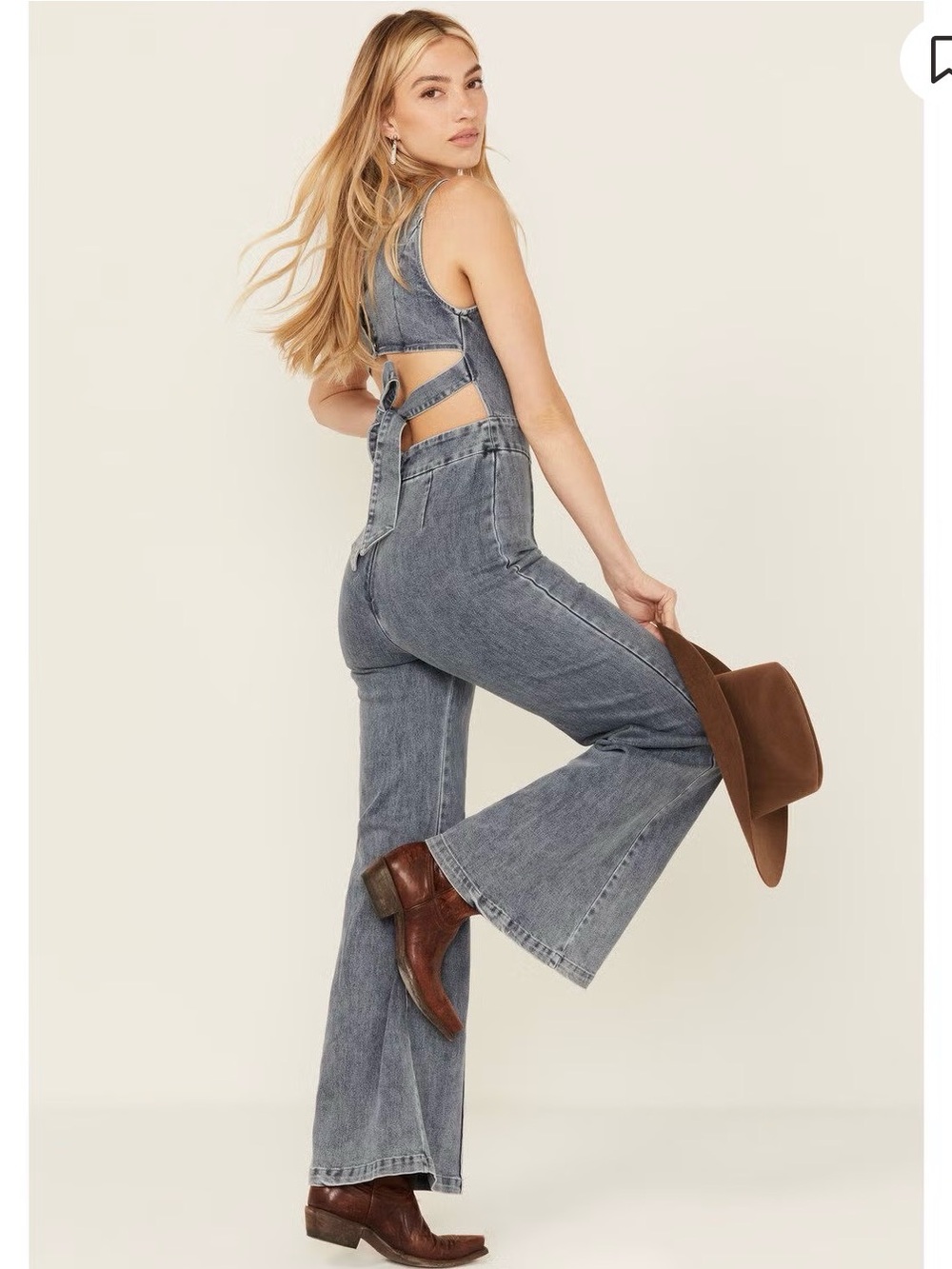 Flying Tomato Washed Blue Denim Jumpsuit with Open-Back Tie size L